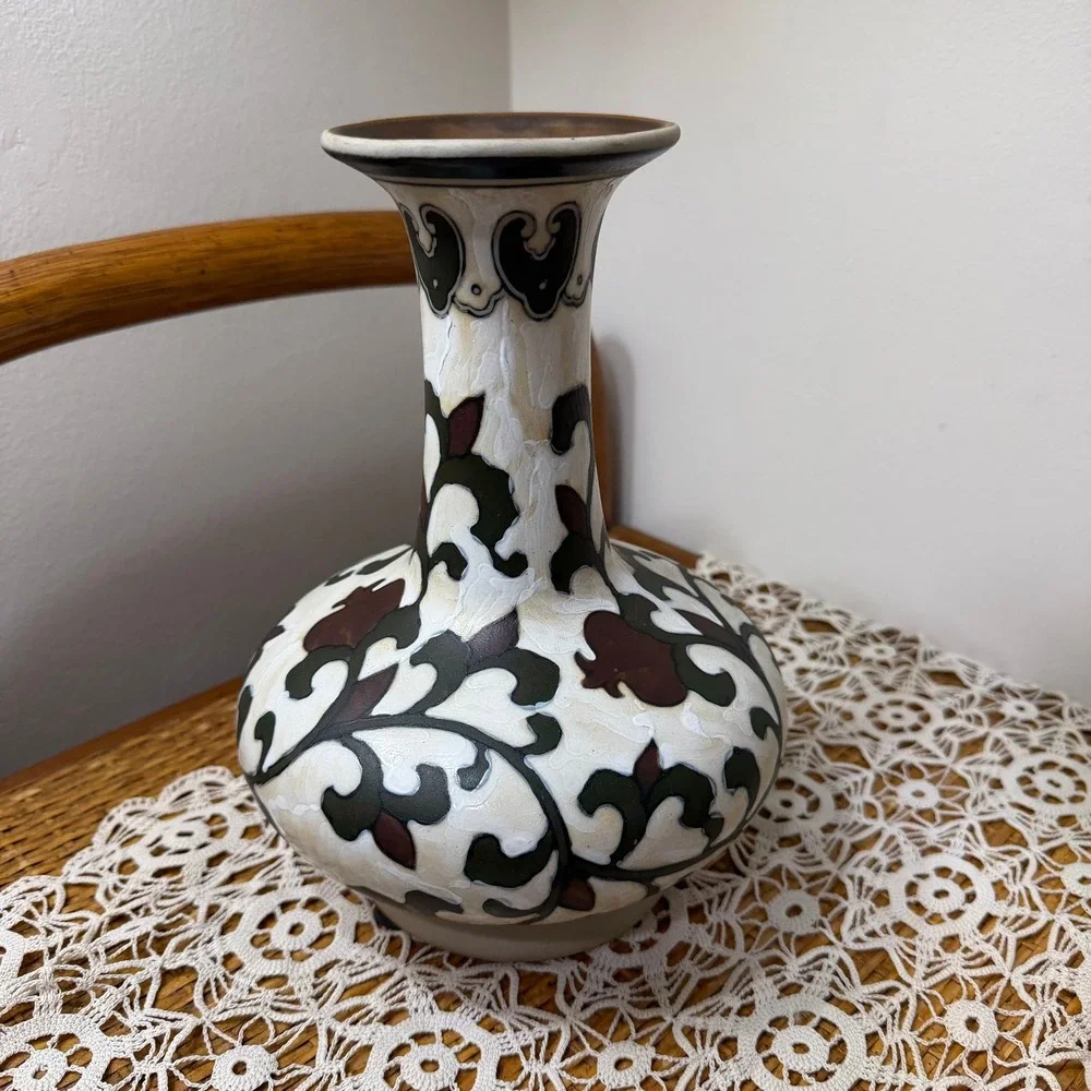 Ivory Crackle Glaze Bottle Vase Chinoiserie Olive Oxblood Vine 10